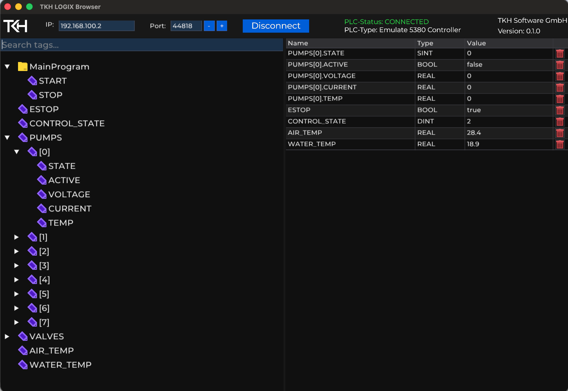 Rockwell Logix Browser with a tag tree and value inspector
